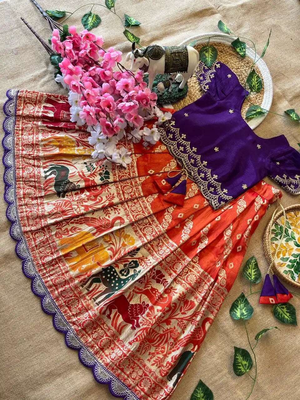 Animals Bandhej Leheriya Kids Lahenga - Purple