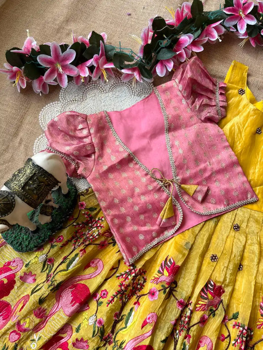 Flamingo Embroidery Kids Gown & Coat - Yellow