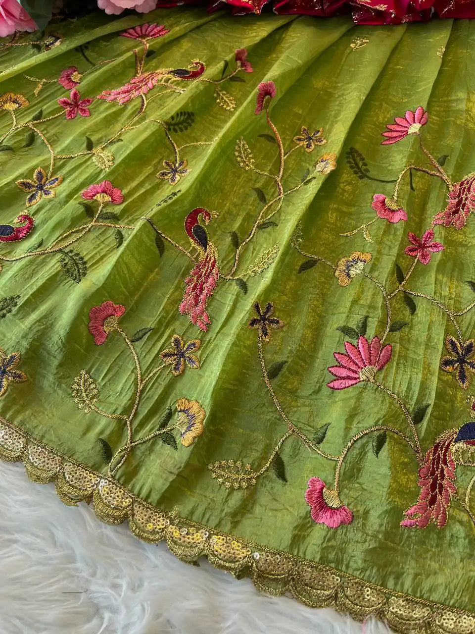 Kids Nylon Silk Embroidery Lehenga - Green