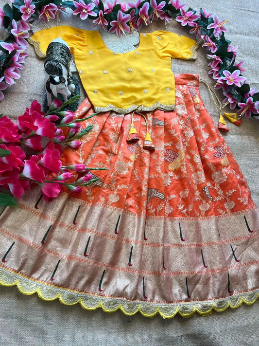 Kids Banarasi Dola Silk Paithani Lehenga - Orange