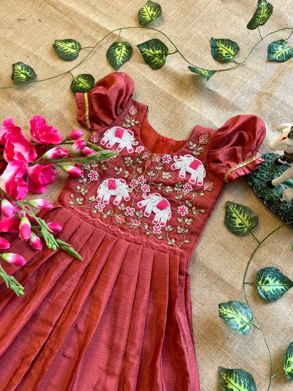 Kids Elephant Handwork Gown - Red