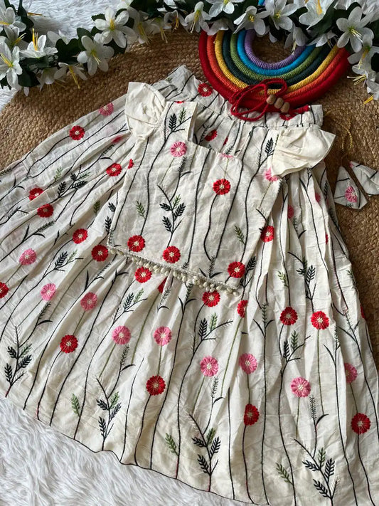 Floral Embroidered Cotton Kids Lehehnga Set