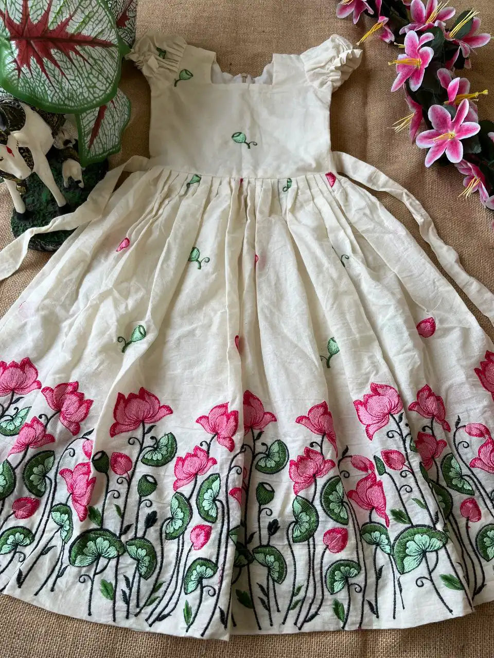 Kids Kora Cotton Lotus Embroidery Work Gown