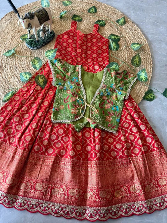 Kids Royal Zari Twirl Gown Set - Red