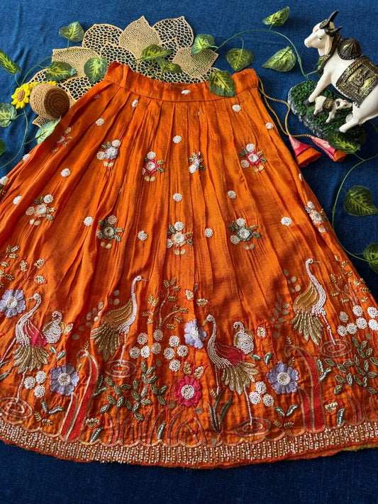 Flamingo Bead & Moti Work Kids Lehenga - Pink & Orange