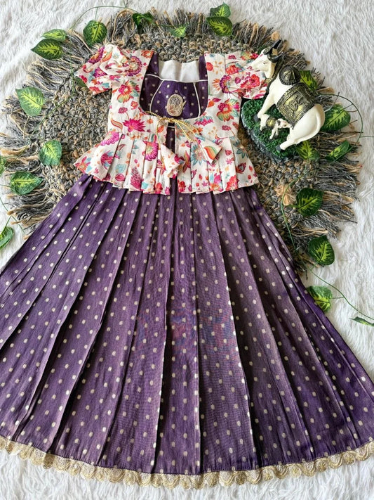 Kids Tissue Gown Kalamkari Mirror Work Coat - Purple