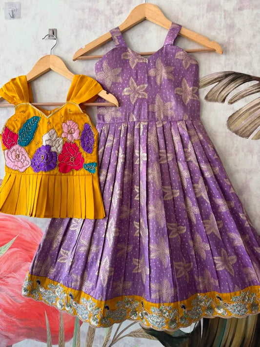 Kids Floral Gown with Maggam Work Coat - Lilac