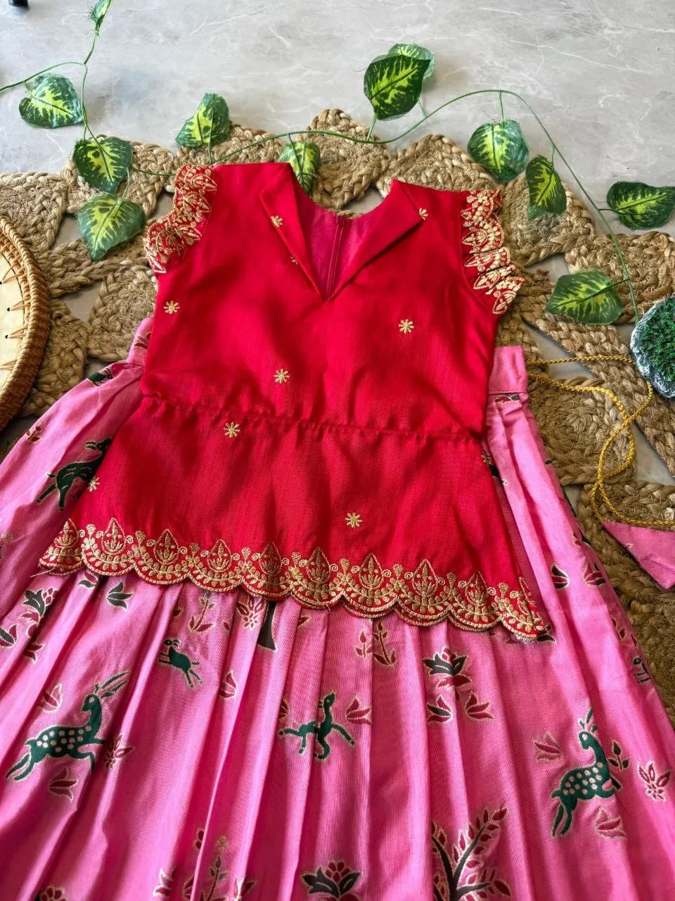 Kids Jungle Theme Position Jacquard Lehenga - Red-Pink