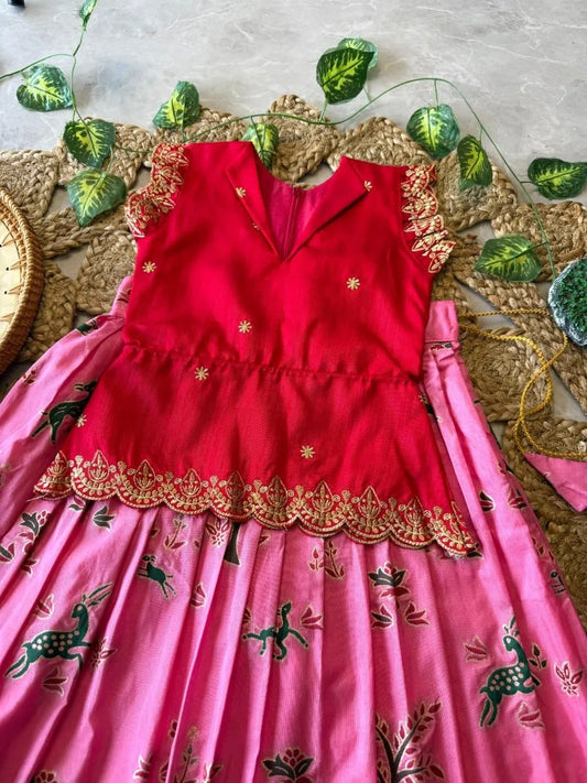 Kids Jungle Theme Position Jacquard Lehenga - Red-Pink