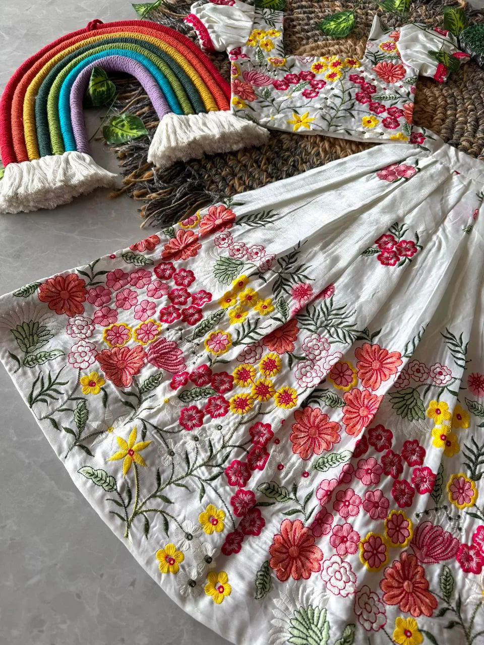 White Floral Space Silk Kids Lehenga Set