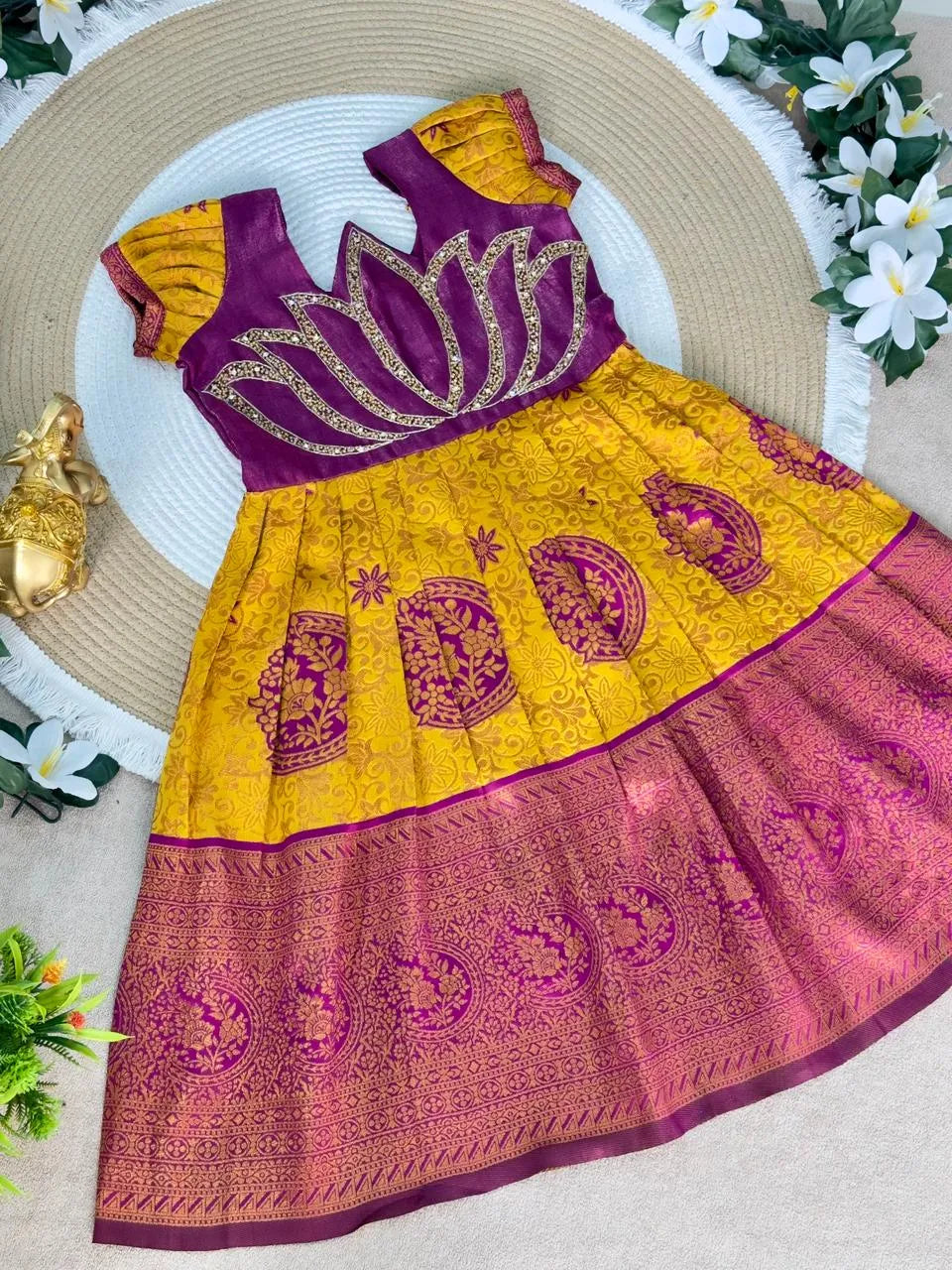 Jaquard Silk Lotus Maggam Work Gown/Frock - Purple & Yellow
