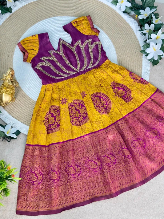 Jaquard Silk Lotus Maggam Work Gown/Frock - Purple & Yellow