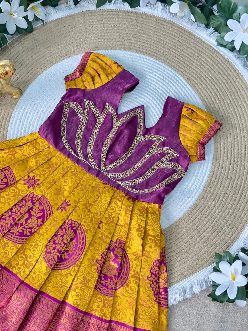 Jaquard Silk Lotus Maggam Work Gown/Frock - Purple & Yellow