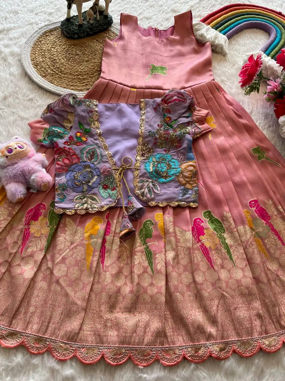 Parrot Design Floral Kids Gown with Coat - Baby Pink