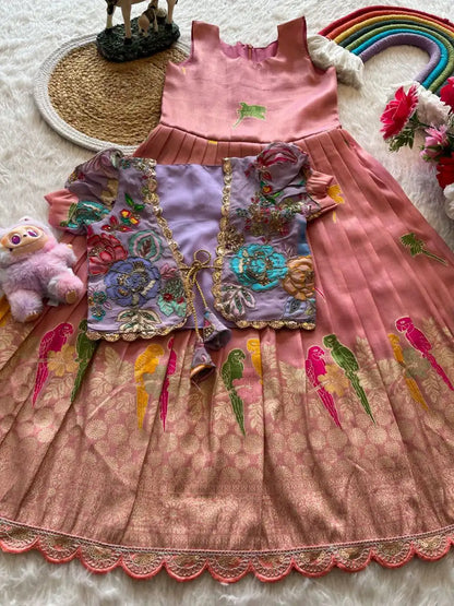 Parrot Design Floral Kids Gown with Coat - Baby Pink