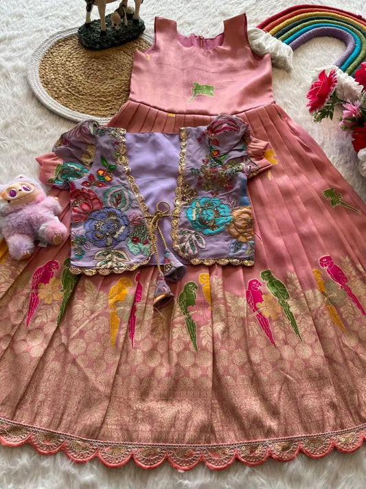 Parrot Design Floral Kids Gown with Coat - Baby Pink