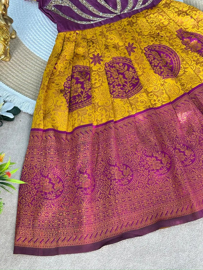 Jaquard Silk Lotus Maggam Work Gown/Frock - Purple & Yellow