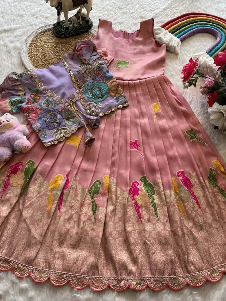 Parrot Design Floral Kids Gown with Coat - Baby Pink