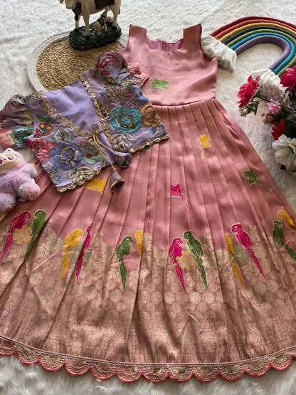Parrot Design Floral Kids Gown with Coat - Baby Pink