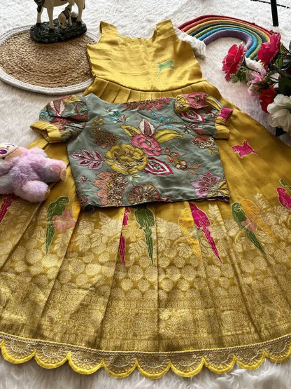 Parrot Design Floral Kids Gown with Coat - Yellow