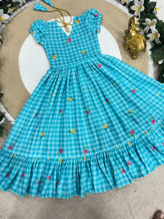 Mul-Chanderi Summer Kids Frock Collection - Sky