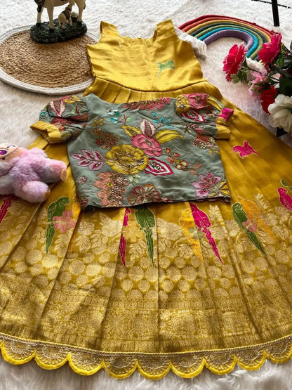 Parrot Design Floral Kids Gown with Coat - Yellow