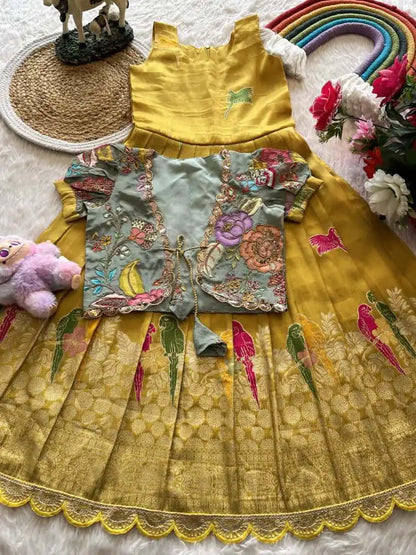 Parrot Design Floral Kids Gown with Coat - Yellow