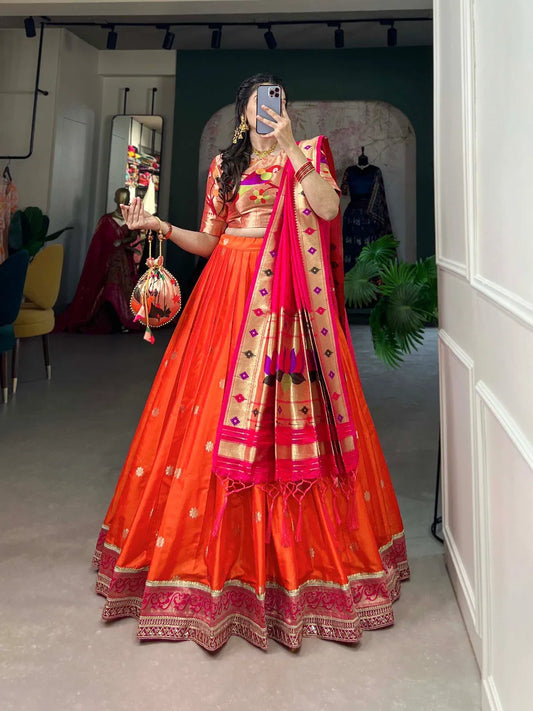 Royal Paithani Lehenga Choli with Dupatta & Batwa - Orange