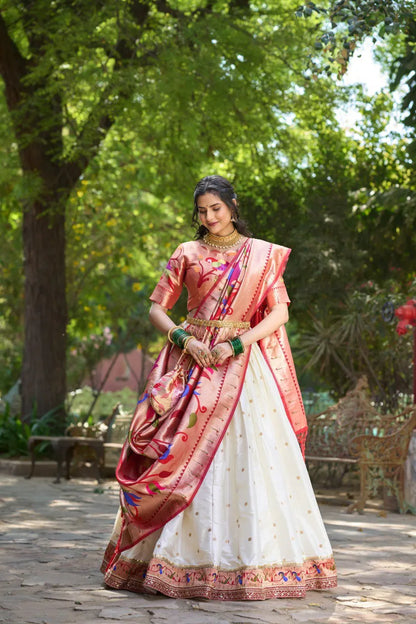 Royal Paithani Lehenga Choli with Dupatta & Batwa - White