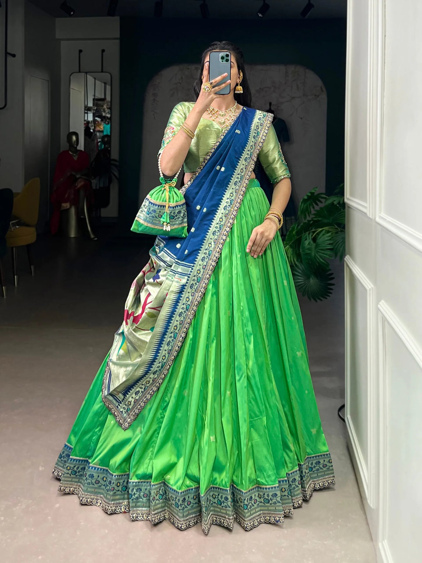 Soft Silk Paithani Embroidery Thread Work Lehenga Choli - Parrot