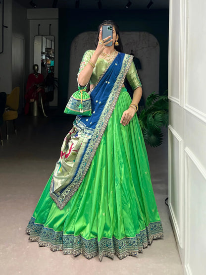 Soft Silk Paithani Embroidery Thread Work Lehenga Choli - Parrot