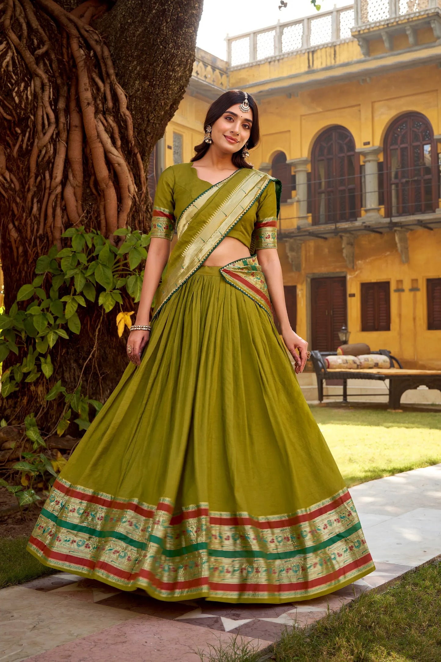 Soft Pure Chanderi Gotta Patti Lace Paithani Lehenga Choli - Mahendi
