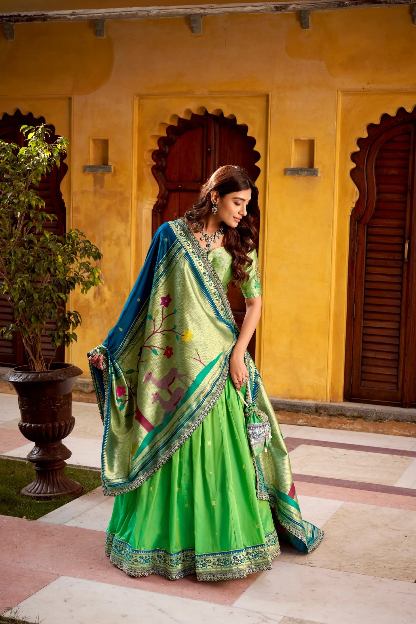 Soft Silk Paithani Embroidery Thread Work Lehenga Choli - Parrot