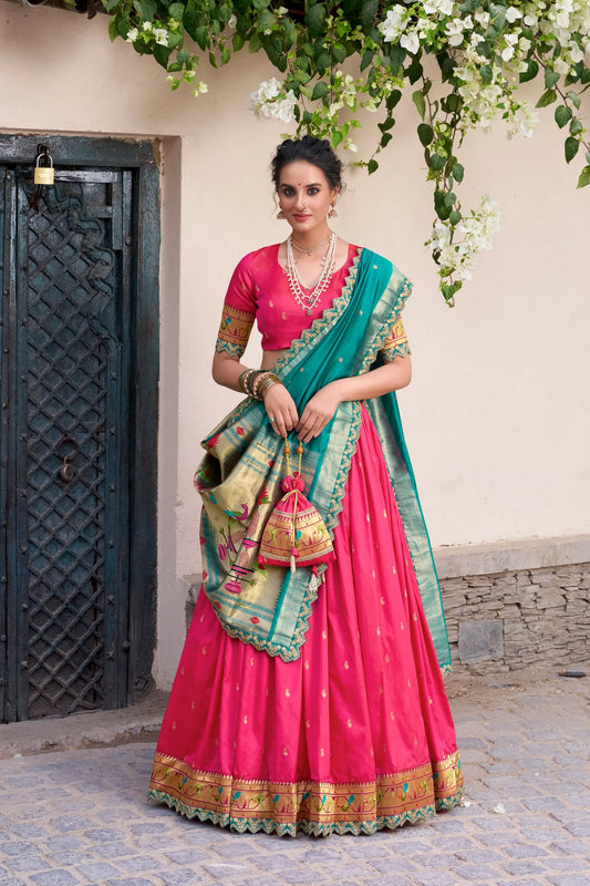 Maharashtrian Wedding Paithani Lehenga Choli - Pink
