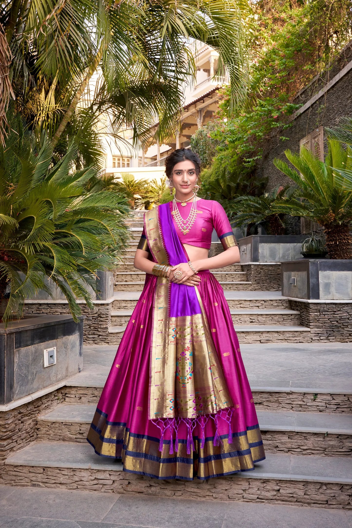 Royal Zari Jacquard Weaves Paithani Lehenga Choli - Pink