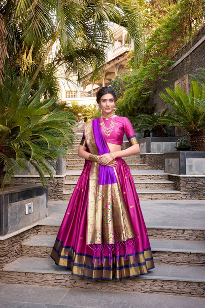 Royal Zari Jacquard Weaves Paithani Lehenga Choli - Pink