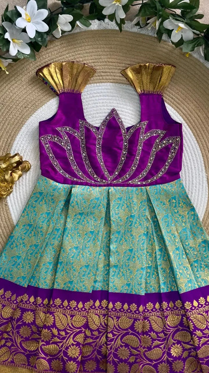Jaquard Silk Lotus Maggam Work Gown/Frock - Purple & Sky
