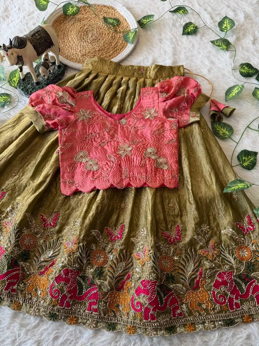 Kids Elephant Bloom Garden Lehenga Choli Set - Mehndi