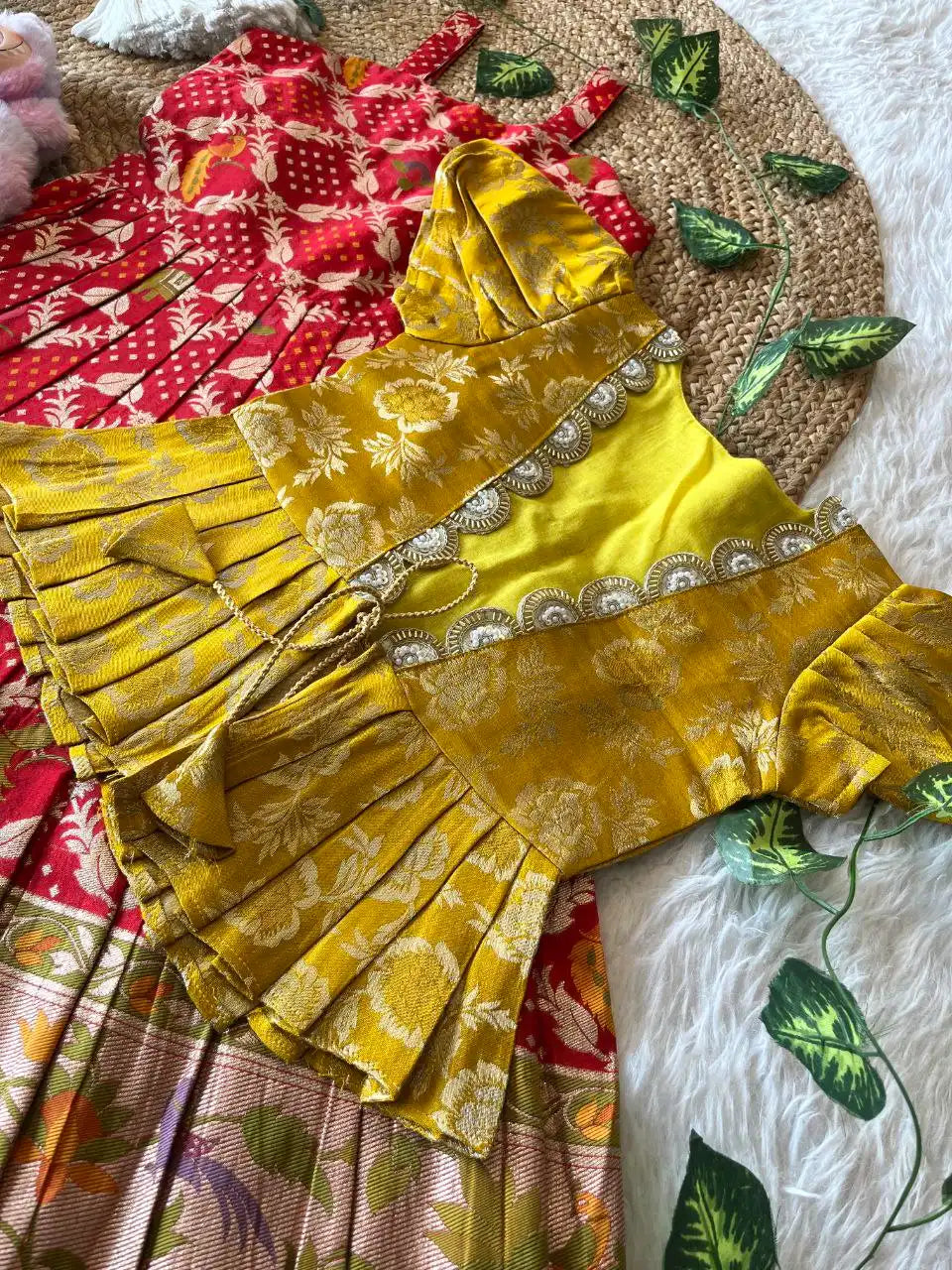 Kids Gown with Designer Coat - Yellow & Red