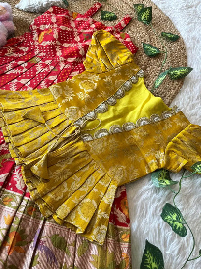 Kids Gown with Designer Coat - Yellow & Red