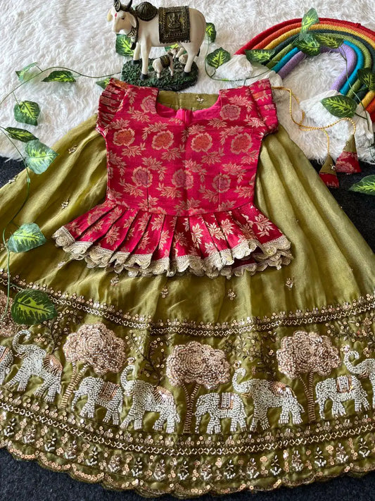 Elephant Garden – Kids Festive Lehenga Set - Mehndi