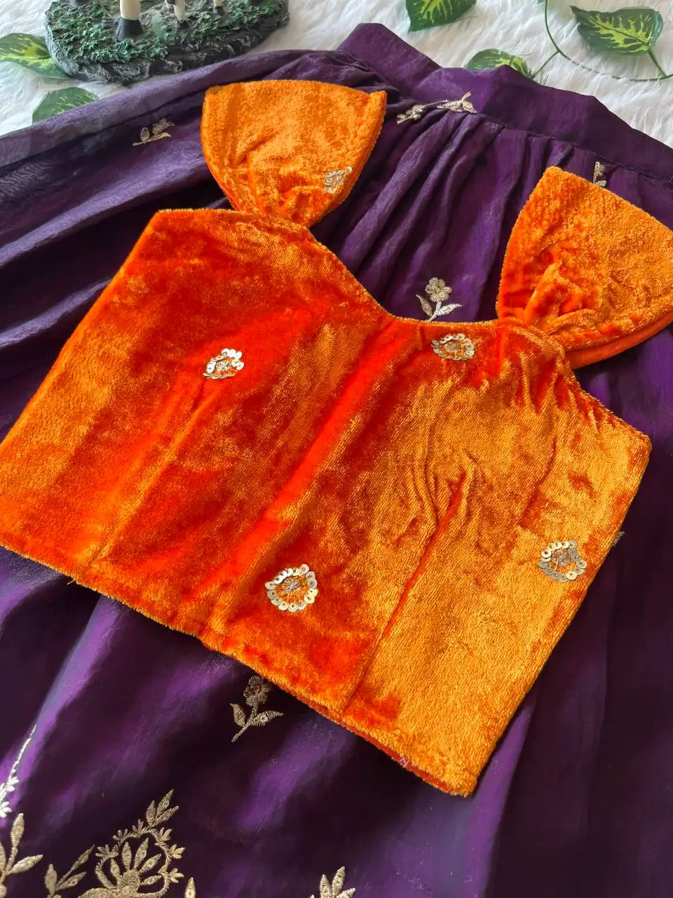 Royal Velvet Kids Lehenga Set - Orange & Purple