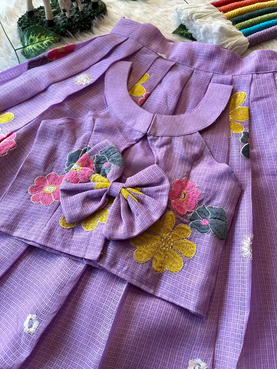 Kids Kota Chex Floral Lehenga Set - Lavender