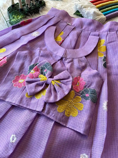 Kids Kota Chex Floral Lehenga Set - Lavender