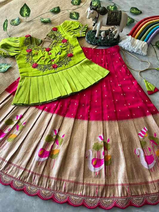 Flamingo Paithani Traditional Kids Lehenga - Pink