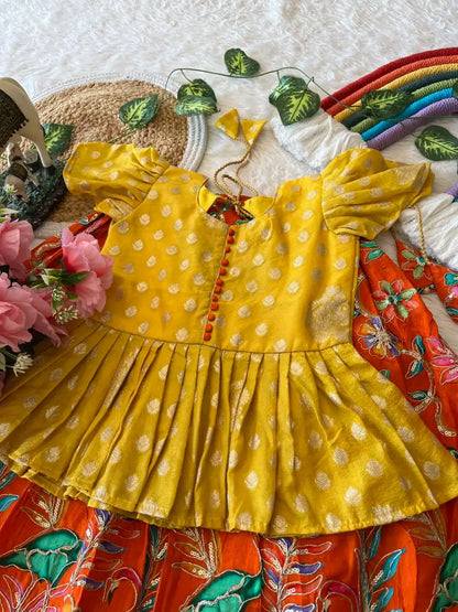 Kids Dola Silk Position Embroidered Lehenga Set - Yellow