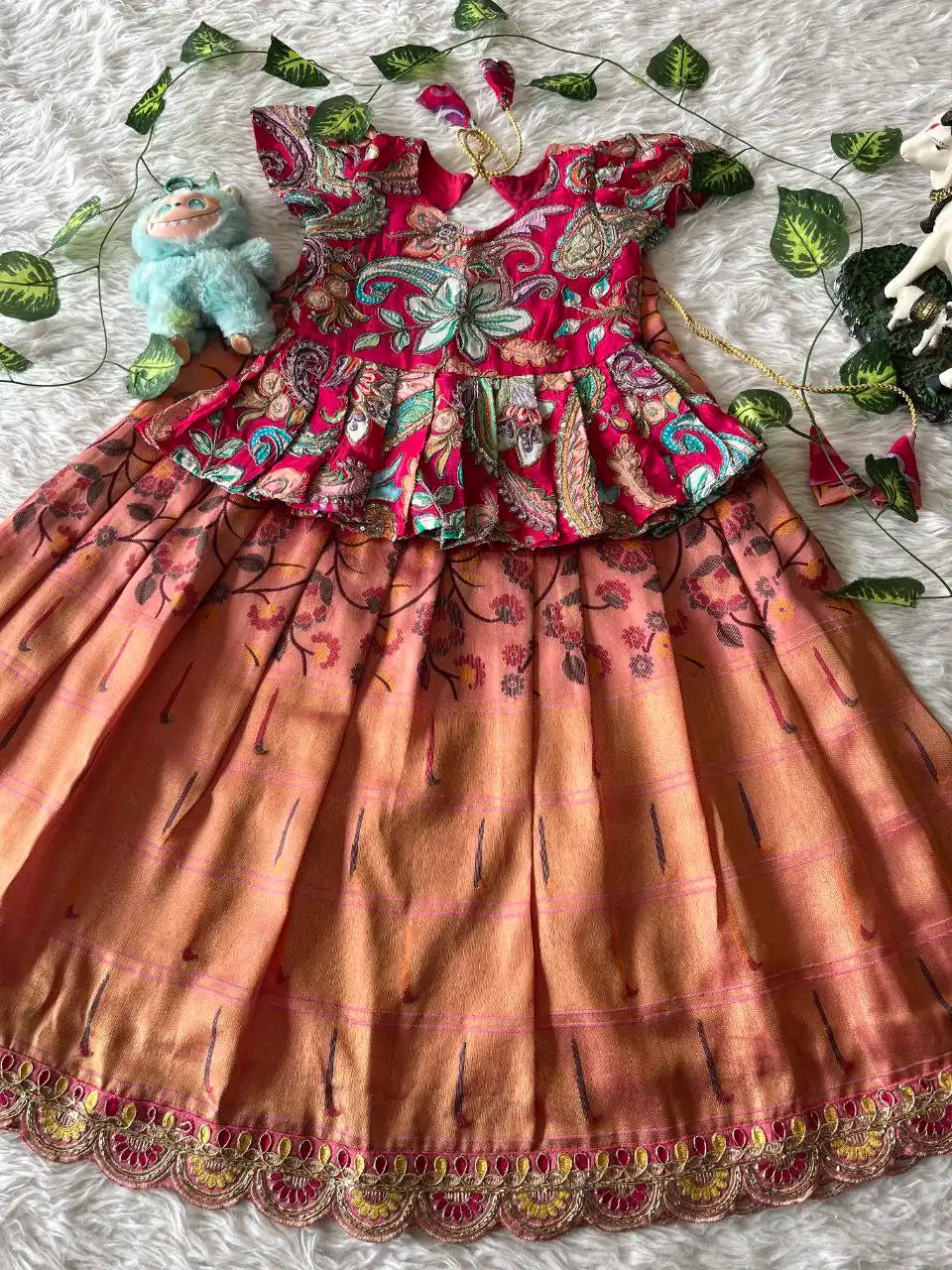 Kids Tissue Silk handwork Embroidered Lehenga Set - Pink