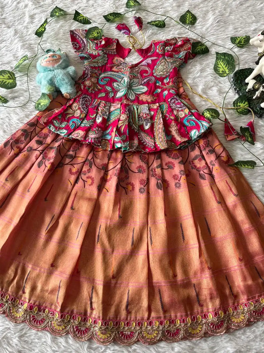 Kids Tissue Silk handwork Embroidered Lehenga Set - Pink