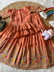 Kids Crush Fabric Elephant Embroidery Lehenga Set - Orange