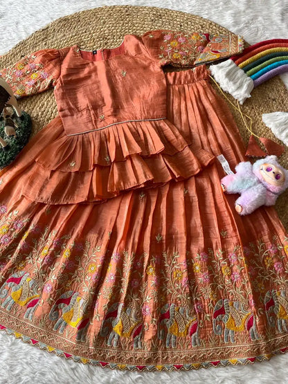 Kids Crush Fabric Elephant Embroidery Lehenga Set - Orange